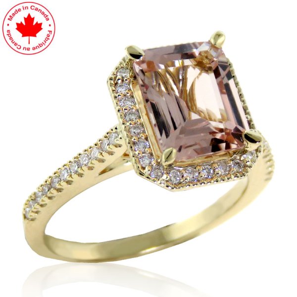 Emerald Cut Morganite and Diamond Halo Ring in 14K - Click Image to Close