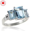 Three Stone Emerald Cut Aquamarine and Diamond 10K Ring