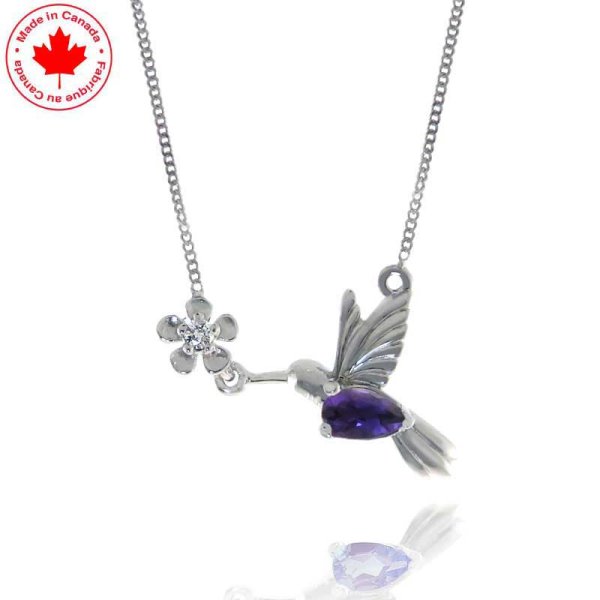 Amethyst and Diamond Humming Bird and Flower Pendant - Click Image to Close