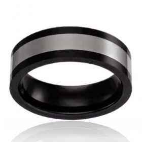 8mm Flat Black Ceramic Band with Wide Tungsten Stripe