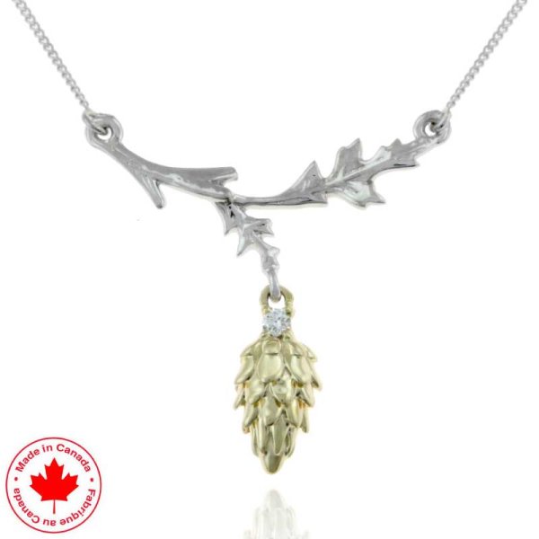 Two Tone Branch and Lucky Pine Cone Pendant in 10K - Click Image to Close