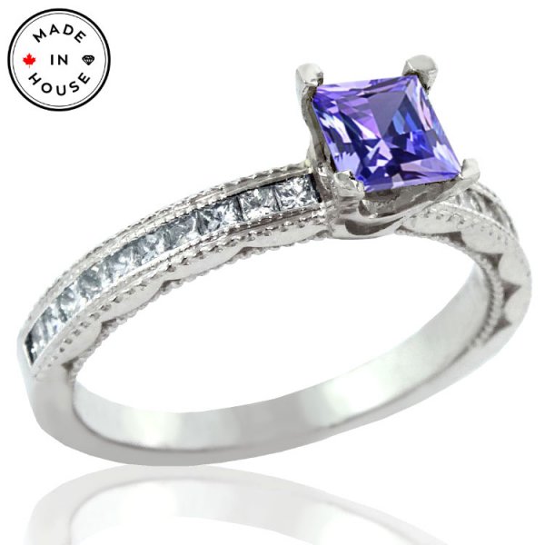 Princess Cut Tanzanite and Diamond 14K Ring - Click Image to Close