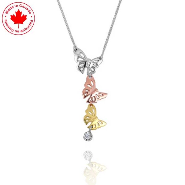 Tri Coloured 10K Gold Butterfly and Diamond Necklace - Click Image to Close