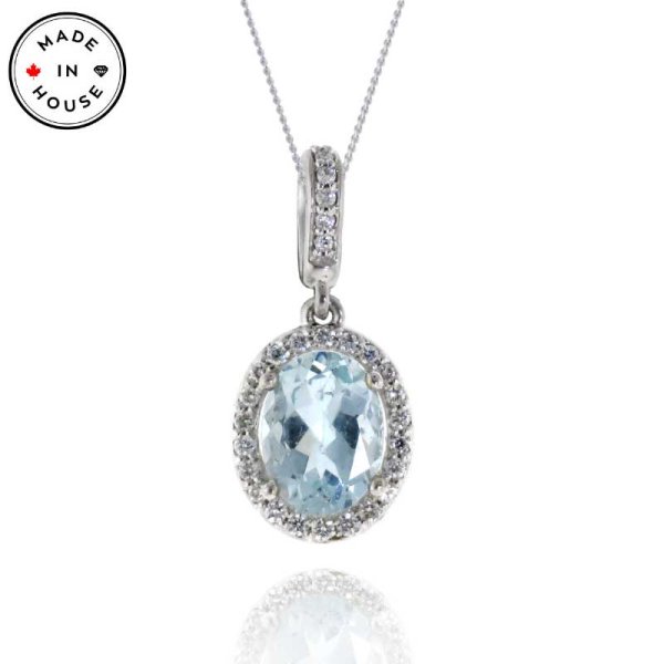 Aquamarine and Diamond Halo Pendant in 14K - Click Image to Close