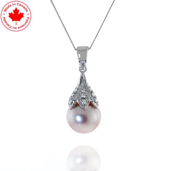 10K White Gold Pink Pearl and Diamond Pendant - Click Image to Close