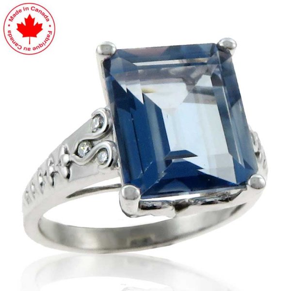 Large Emerald Cut Blue Topaz 10K White Gold Ring - Click Image to Close