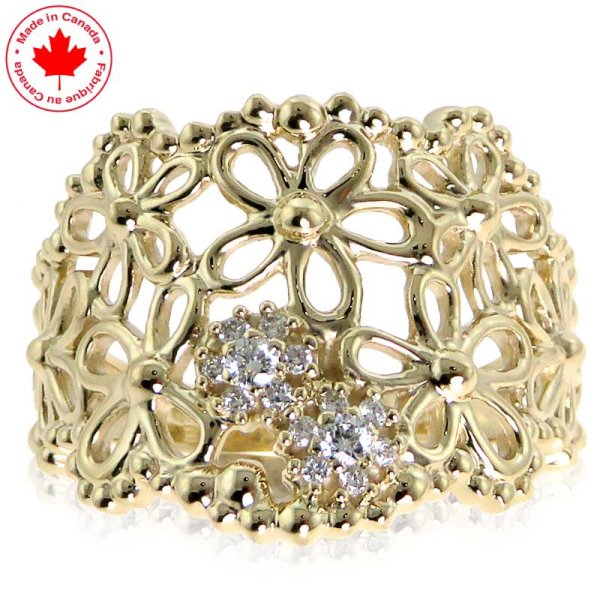 Wide 10KY Band with Flowers and Diamond Accent - Click Image to Close