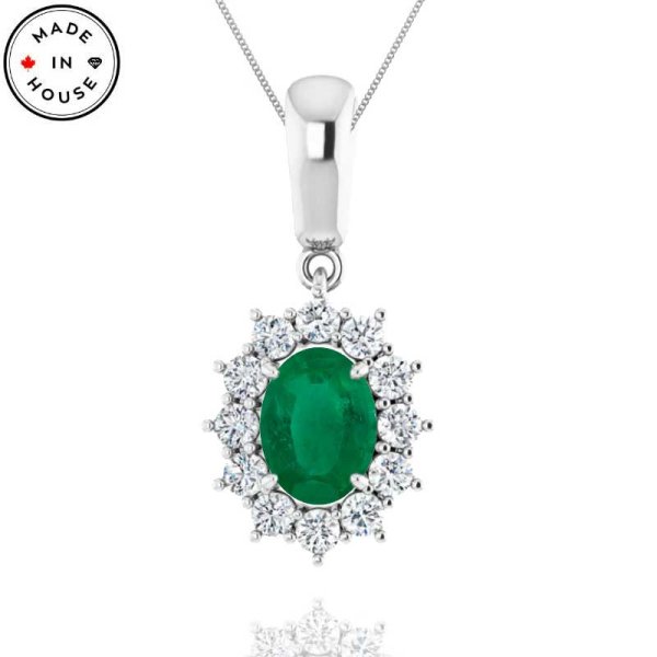 Emerald and Diamond Pendant in 14K White Gold - Click Image to Close