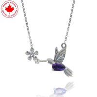 Amethyst and Diamond Humming Bird and Flower Pendant