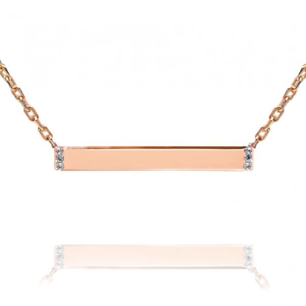 10K Rose Gold Engravable Bar Necklace with Cubic Stones - Click Image to Close