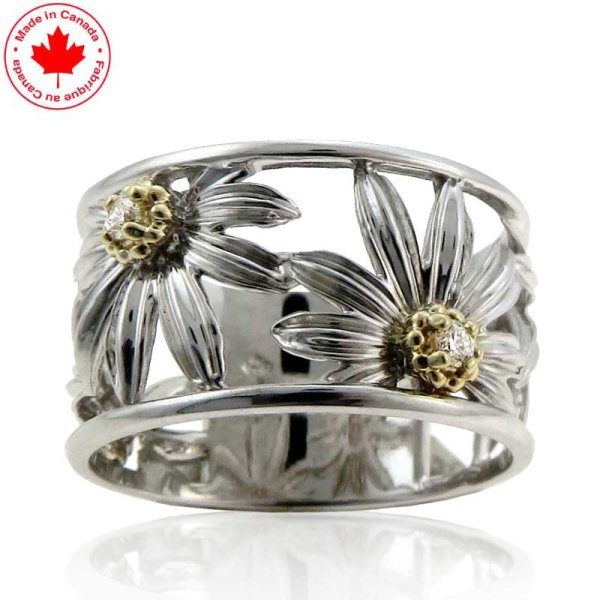 Sun Flower Two-tone Diamond Ring in 10K Gold - Click Image to Close