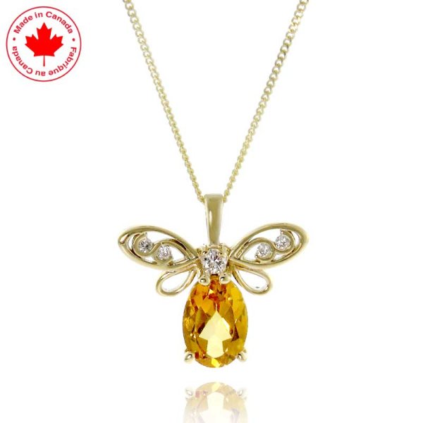 10KY Bee Pendant with Genuine Citrine and Diamond Accents - Click Image to Close