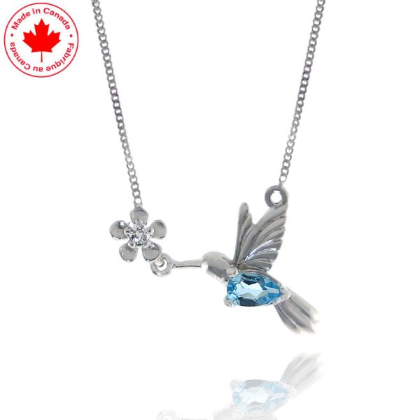 Blue Topaz and Diamond Humming Bird and Flower Pendant - Click Image to Close