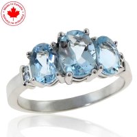 Three Stone Oval Aquamarine and Diamond 10K Ring