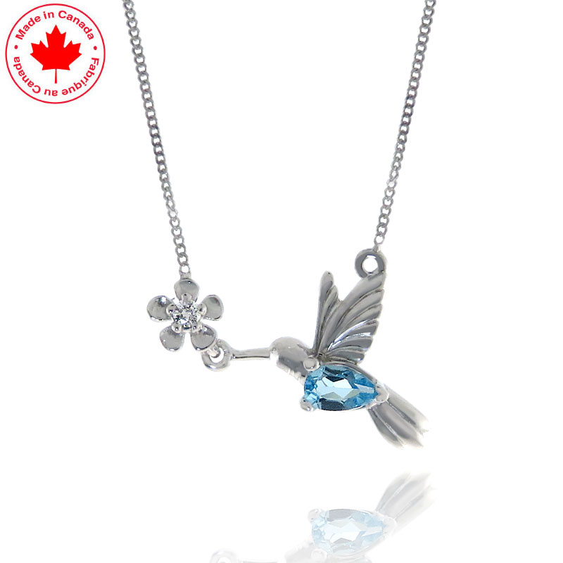 (image for) Blue Topaz and Diamond Humming Bird and Flower Pendant