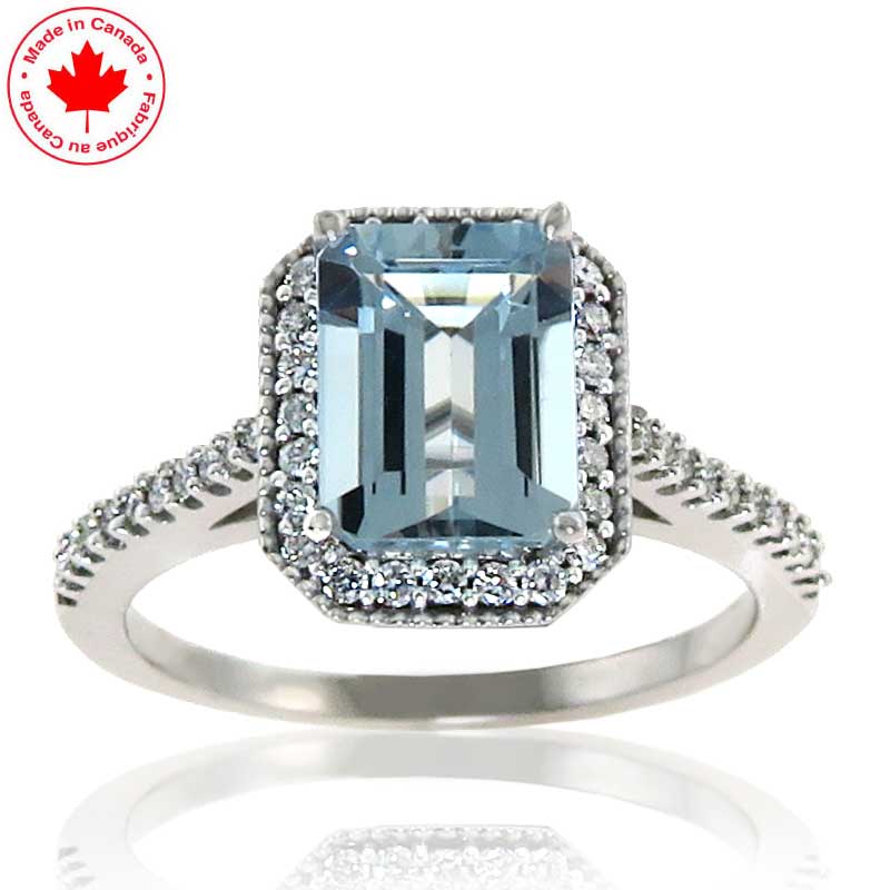(image for) Genuine Aquamarine and Diamond Halo 10K Gold Ring