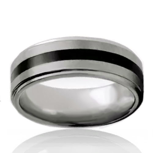 8mm Brushed Tungsten Flat Band with Black Inlay - Click Image to Close