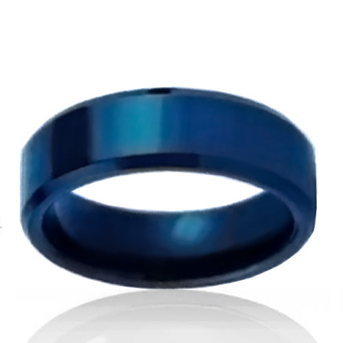 8mm Brushed Blue Tungsten Flat Band with Bevelled Edges - Click Image to Close