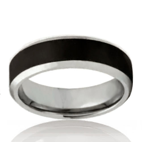 8mm Tungsten Flat Band with Wide Black Stripe - Click Image to Close