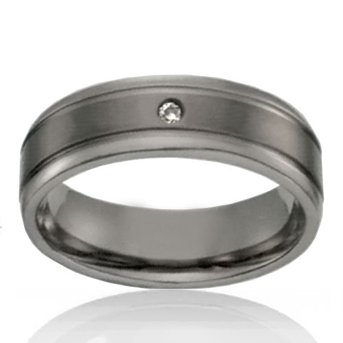 Titanium 7mm Band with a Double Line and Cubic Stone - Click Image to Close