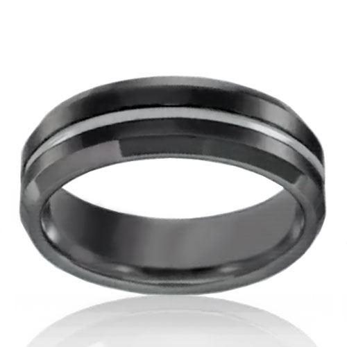 7mm Tungsten Bevelled Edge Band With Centre Line - Click Image to Close