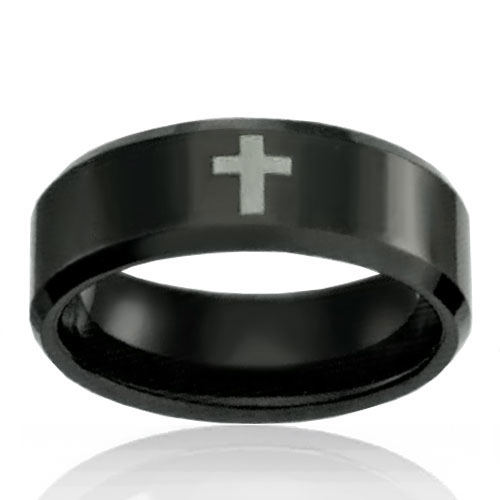 8mm Black Tungsten Band With Cross - Click Image to Close