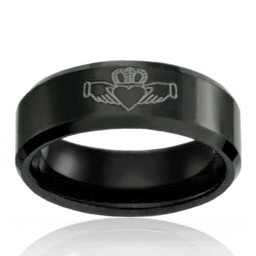 8mm Black Tungsten Band With Claddagh - Click Image to Close