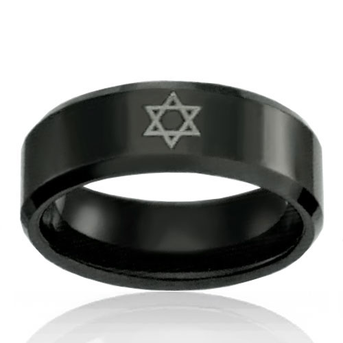 8mm Black Tungsten Band With Star of David - Click Image to Close