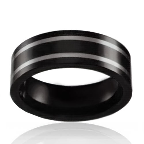 8mm Flat Black Ceramic Band with Tungsten Stripes - Click Image to Close