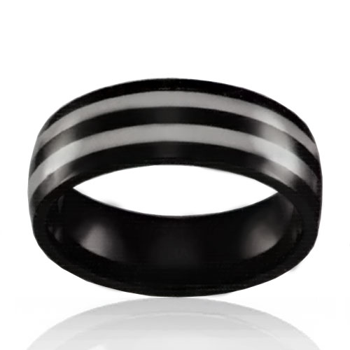 8mm Half Dome Black Ceramic Band with Tungsten Stripes - Click Image to Close