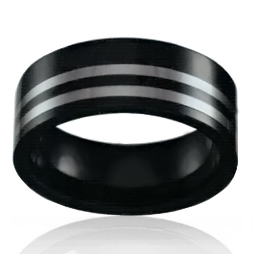 8mm Flat Black Ceramic Band with Offset Tungsten Stripes - Click Image to Close