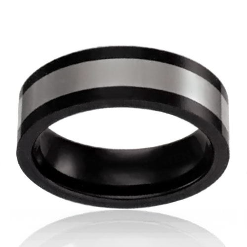 8mm Flat Black Ceramic Band with Wide Tungsten Stripe - Click Image to Close