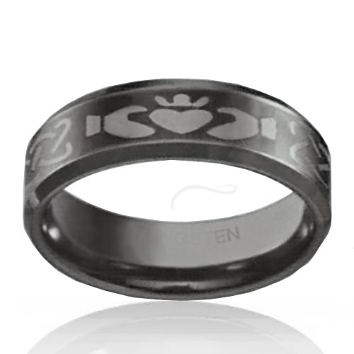 8mm Tungsten Claddagh Flat Bevelled Band - Click Image to Close